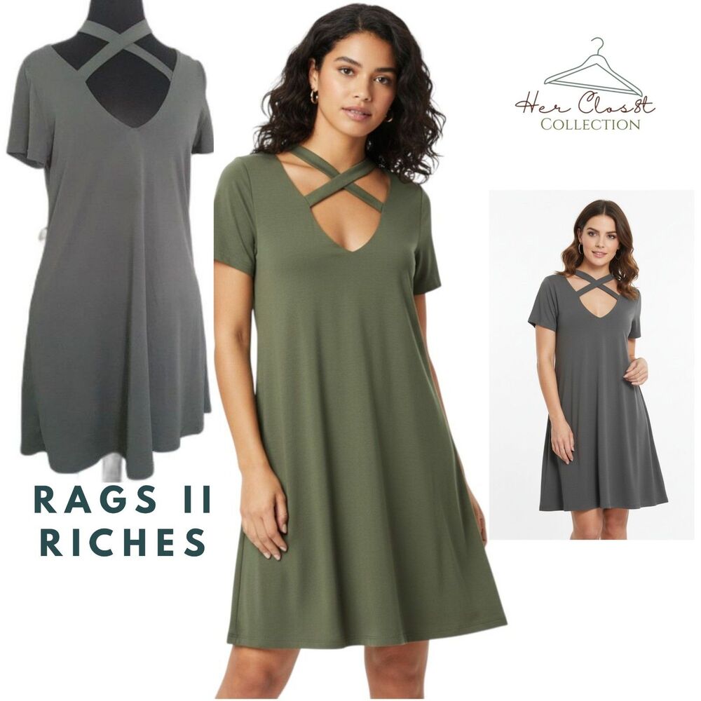 Rags II Riches Olive Green  Cross StrapS Swing Mini TShirt Dress Med